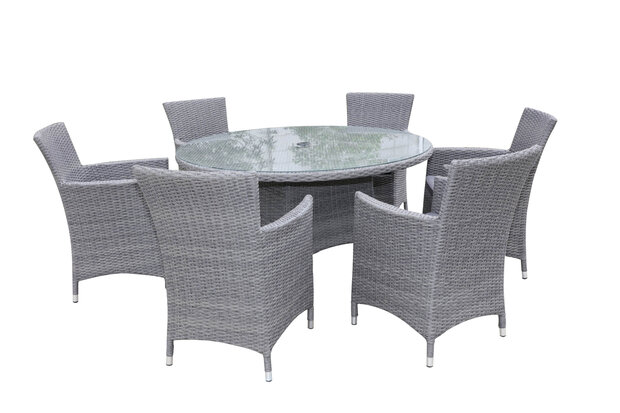 Diningset grijs wicker detail &mdash; stoel met grijze kussens