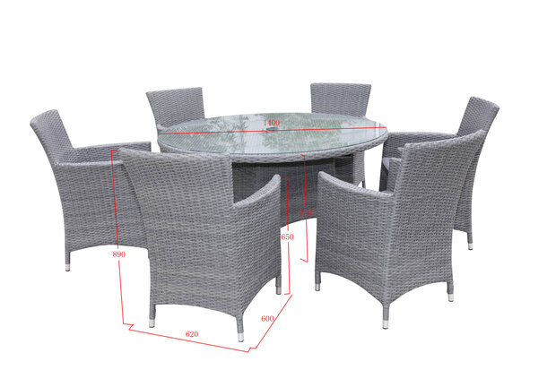 Diningset ronde glazen eettafel &mdash; &oslash;140cm grijs wicker met parasolgat