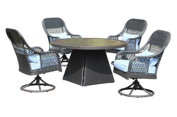 Diningset Redonda 5-delig antraciet wicker met blauwe kussens &mdash; 4 draaibare stoelen en ronde tafel