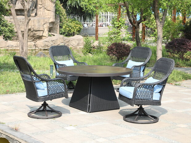 Diningset Redonda detail &mdash; draaibare stoel antraciet wicker met blauwe kussens