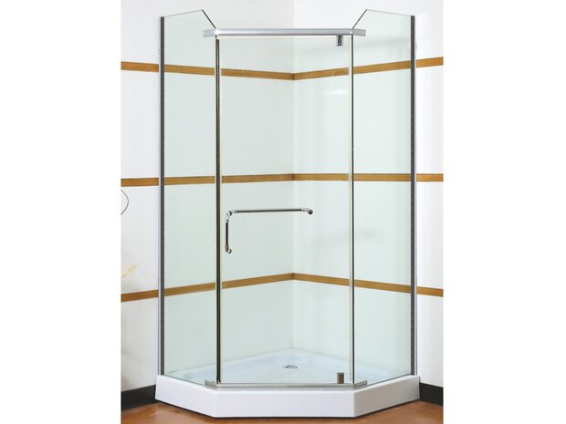 Vijfhoekige douchecabine 90x90cm met 8mm veiligheidsglas en zilverkleurige details