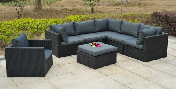 Loungeset Eivissa 7-delig | Zwart Wicker &amp; Antraciet Kussens | 6-7 Personen | Aluminium Frame | incl. Tafel