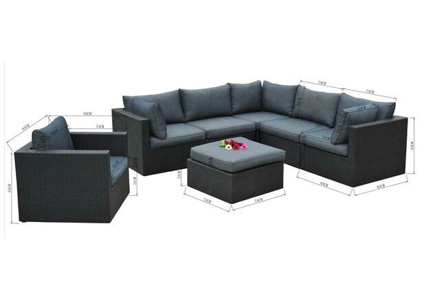 Loungeset Eivissa 7-delig | Zwart Wicker &amp; Antraciet Kussens | 6-7 Personen | Aluminium Frame | incl. Tafel