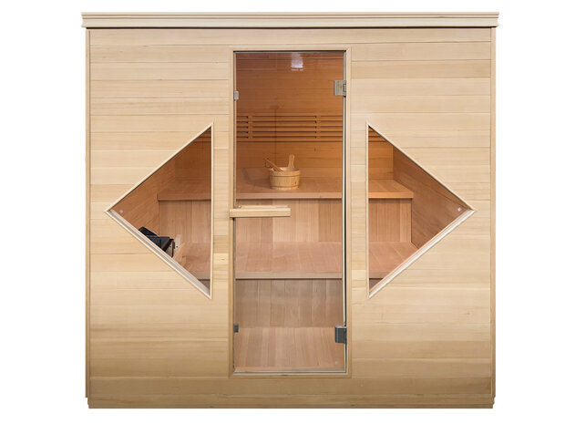 Sauna interieur &mdash; lavastenen, houten emmer en bedieningspaneel