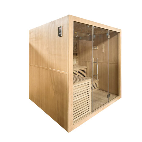Sauna sterrenhemel sfeerverlichting &mdash; interieur met zitbank en lavastenen kachel