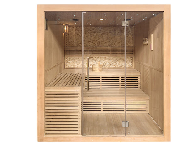 Luxe sauna 200x200cm met sterrenhemel, natuurstenen wand en touchscreen
