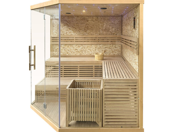 Sauna Prisma natuurstenen binnenwand beige cr&egrave;me &mdash; touchscreen en Bluetooth