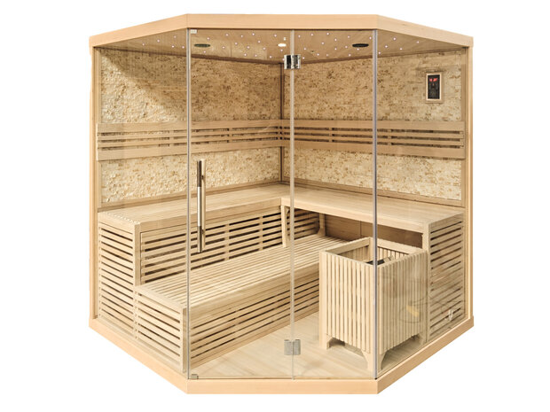 Sauna Prisma 220x220cm met sterrenhemel, natuurstenen wand en 3 zit/ligbanken