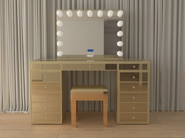 Luxe kaptafel goud 150x60cm met LED-verlichting, Bluetooth en 13 lades &mdash; inclusief spiegel en kruk