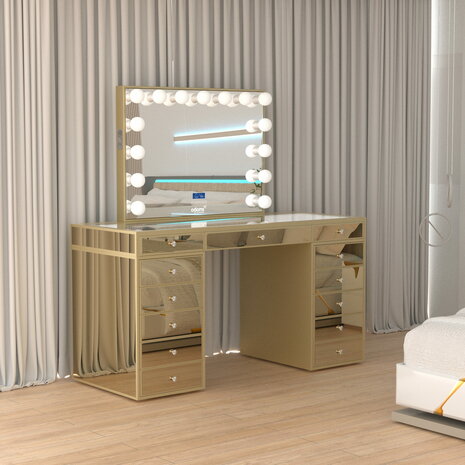 Make-up tafel goud in slaapkameropstelling &mdash; luxe kaptafel 150cm
