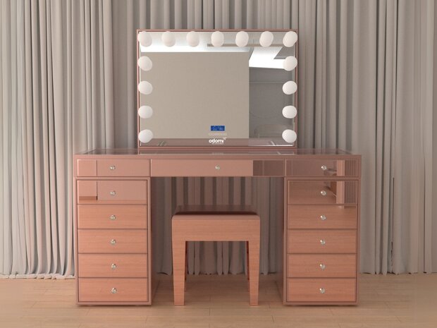 Luxe kaptafel roze 150x60cm met LED-verlichting, Bluetooth en 13 lades &mdash; inclusief spiegel en kruk