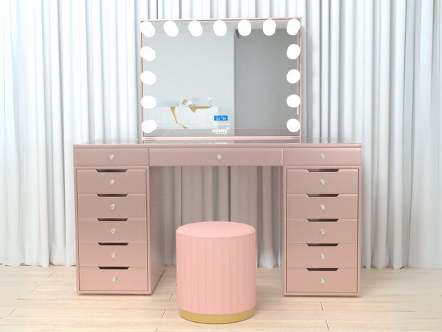 Luxe kaptafel roze 150x60cm met LED-verlichting, Bluetooth en 13 lades &mdash; inclusief spiegel en poef