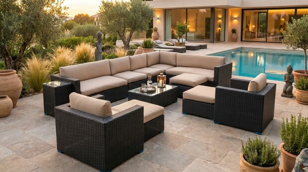Loungeset HAVANA | 12-delig | Wicker | Zwart + cremekleurige kussens