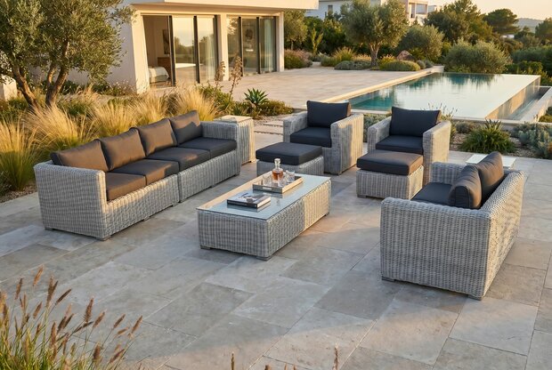 Loungeset 10-delig lichtbruin wicker met grijze kussens &mdash; complete hoekopstelling