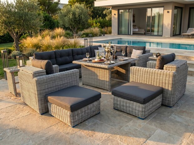 Loungeset 11-delig lichtgrijs rond wicker met donkergrijze kussens en opbergvak
