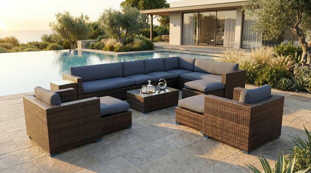 Loungeset 12-delig bruin wicker met blauwe kussens &mdash; complete opstelling voor 9 personen