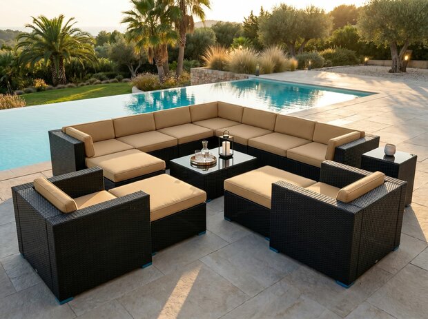 Loungeset HAVANA | 12-delig | Wicker | 12-delig | Zwart + zandkleurige kussens