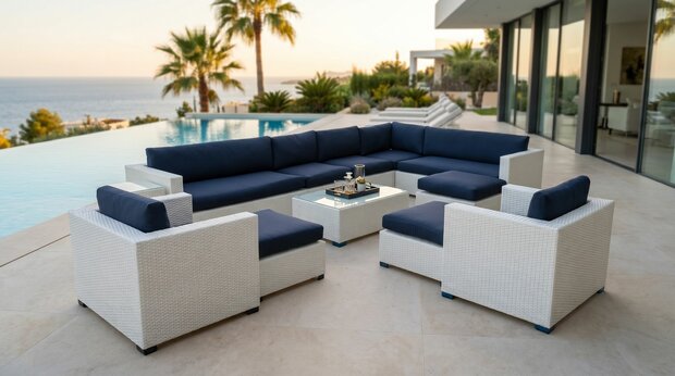 Loungeset 12-delig | Wit Wicker &amp; Donkerblauwe Kussens | 9 Personen | Aluminium Frame | incl. Tafels