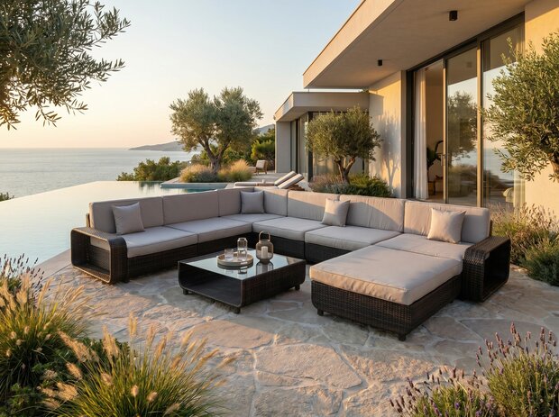 Loungeset Garda 8-delig donkerbruin wicker met lichtgrijze kussens &mdash; complete opstelling