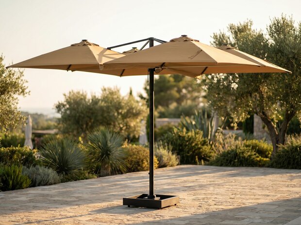 Vierdubbele zweefparasol 4x 3x3m taupe vooraanzicht horeca