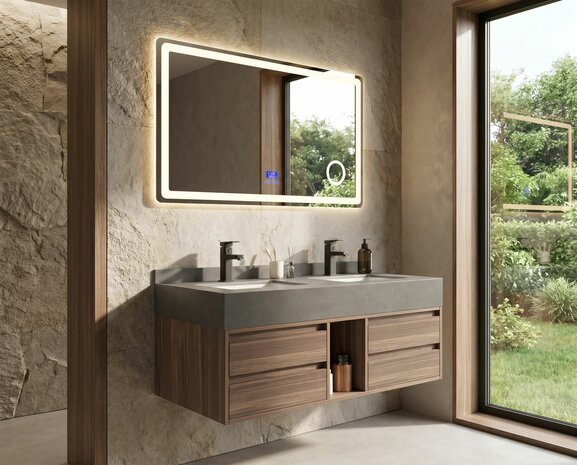 Badkamermeubel MBY 120 cm hout decor met grijze natuurstenen wasbak &ndash; vooraanzicht