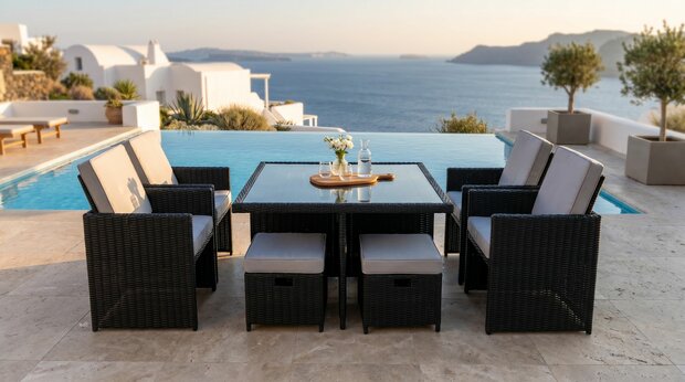 Diningset 9-delig | Zwart Wicker & Witte Kussens | 4 Stoelen & 4 Ottomans | Aluminium Frame | incl. Eettafel