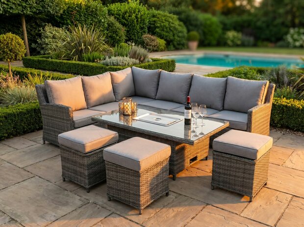 Loungeset 6-delig donkergrijs wicker met lichtgrijze kussens en verstelbare tafel