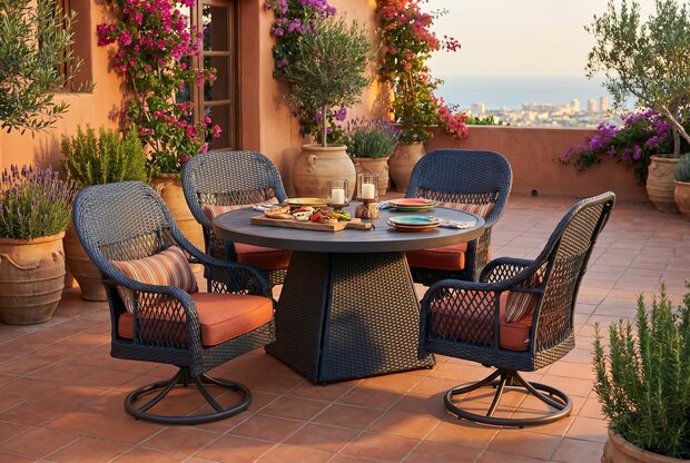 Diningset Redonda 5-delig | Antraciet Wicker & Oranje Kussens | 4 Draaibare Stoelen | Aluminium Frame | Ronde Tafel met Parasolgat