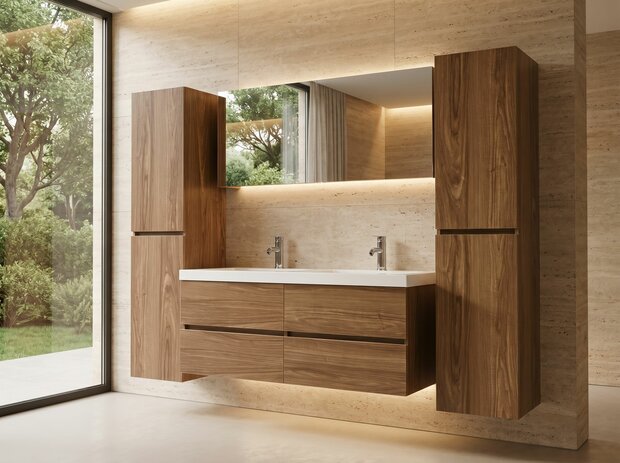 Badkamermeubel Havik 2-persoons 120 cm donker hout decor &ndash; complete set vooraanzicht