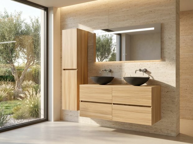 Badkamermeubel 2 Persoons 130 cm Hout Decor | Natuurstenen Waskommen | Incl. Anti-Fog LED Spiegel & Kranen