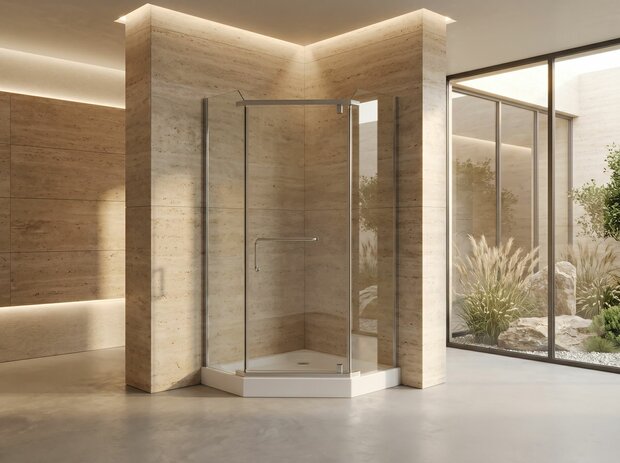 Vijfhoekige douchecabine 90x90cm met 8mm veiligheidsglas en zilverkleurige details