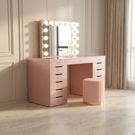 Luxe kaptafel roze 150x60cm met LED-verlichting, Bluetooth en 13 lades &mdash; inclusief spiegel en poef