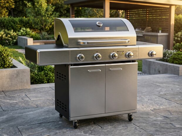 Gasbarbecue Sydney RVS 4 branders &ndash; vooraanzicht verrijdbaar met zijbrander