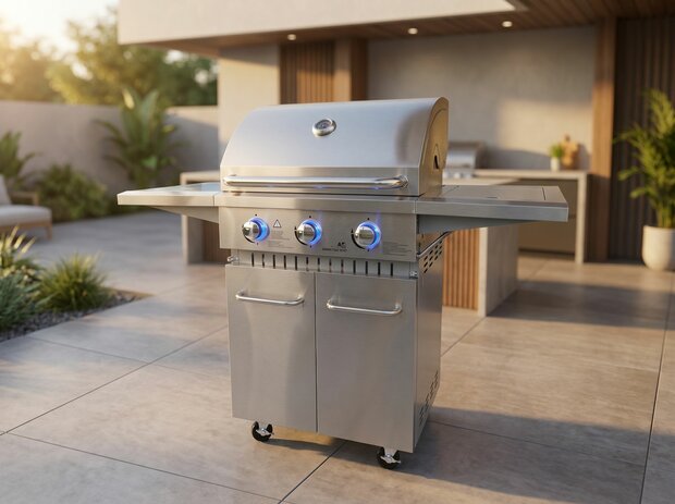 Gasbarbecue RVS 3 branders vooraanzicht &ndash; gietijzeren rooster en warmhoudrek verrijdbaar
