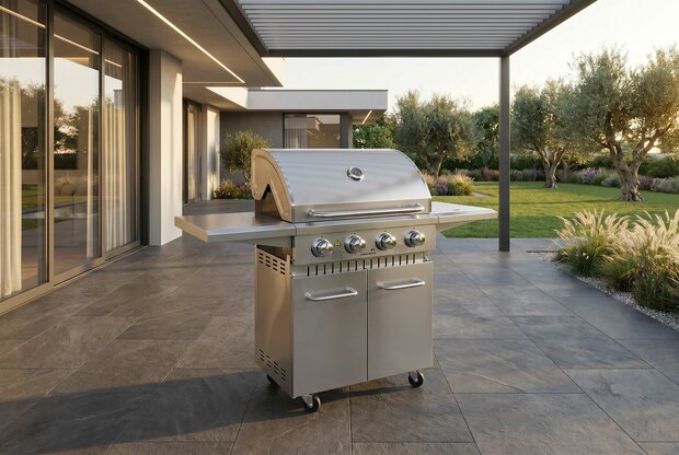 Gasbarbecue RVS | 4 branders + zijbrander | gietijzeren rooster | warmhoudrek | verrijdbaar