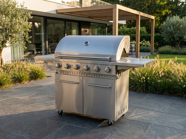Gasbarbecue RVS | 6 branders + zijbrander | gietijzeren rooster | warmhoudrek | verrijdbaar