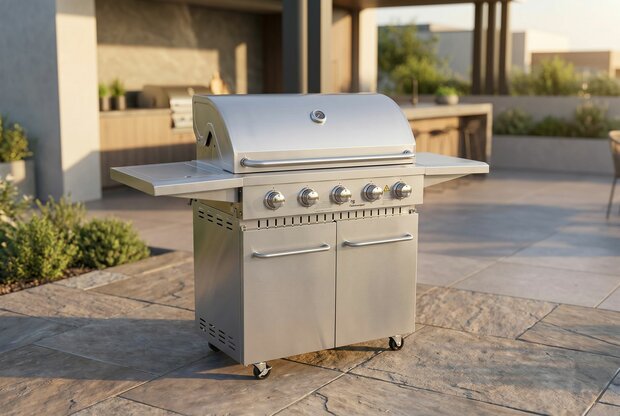 Gasbarbecue RVS 5 branders vooraanzicht &ndash; gietijzeren rooster warmhoudrek zijbrander verrijdbaar