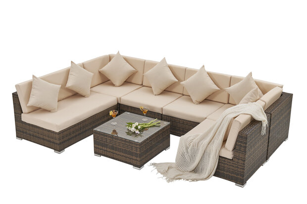 Loungeset met parasol 250x250cm &mdash; hoekopstelling bruin wicker zandkleurig