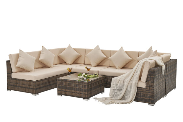 Loungeset koffietafel glazen blad &mdash; bruin wicker met zandkleurige kussens