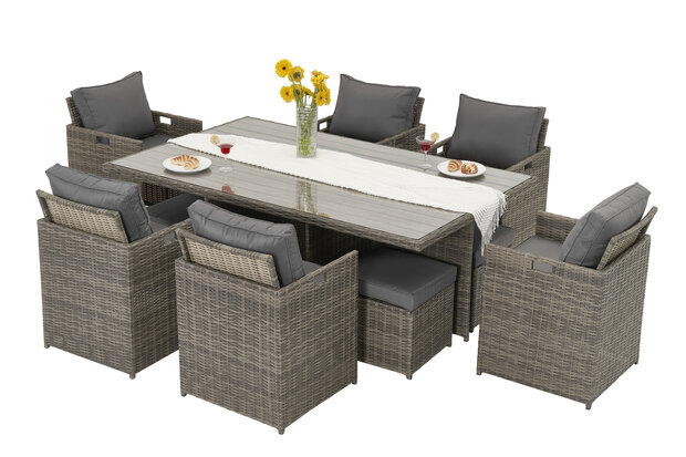 Diningset glazen eettafel 200x125cm &mdash; 8mm gehard glas bruin wicker set