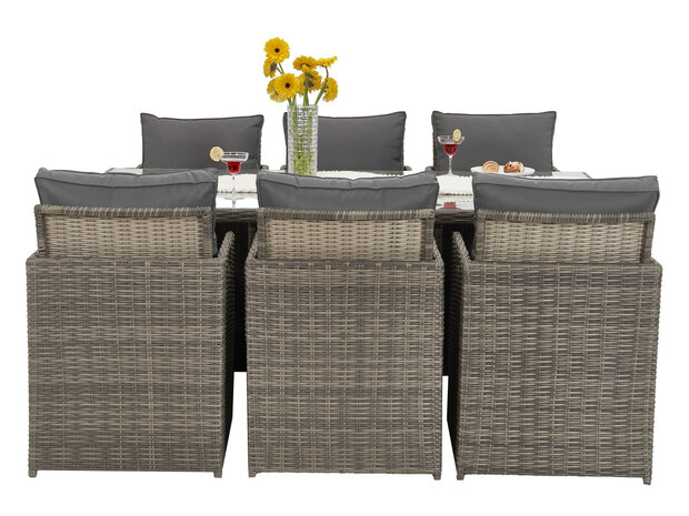 Diningset 11-delig ottomans &mdash; compact opgeslagen onder de stoelen bruin wicker