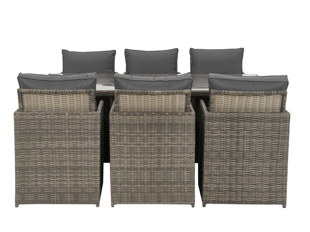 Diningset stoel detail &mdash; grijze kussens 8cm dik bruin halfrond wicker