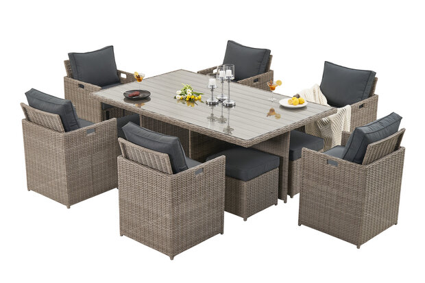 Diningset 11-delig ottomans &mdash; compact opgeslagen onder de stoelen beige wicker