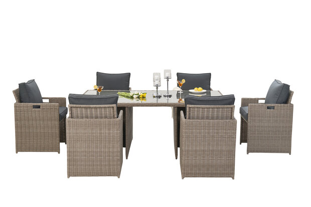 Diningset glazen eettafel 200x125cm &mdash; 8mm gehard glas beige wicker antraciet