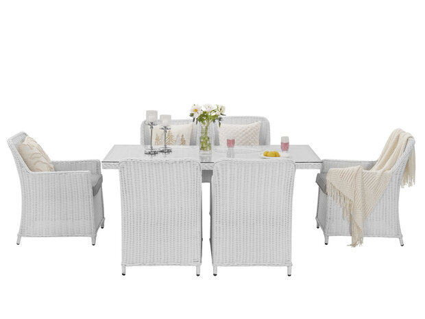 Diningset wit wicker detail &mdash; halfrond PE rotan en grijze waterafstotende kussens