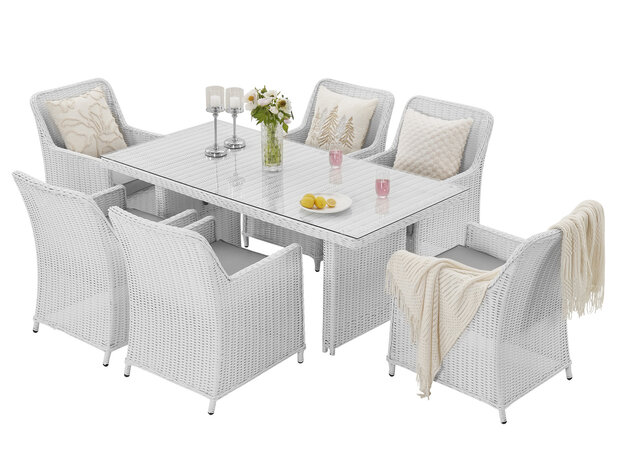 Diningset 7-delig wit wicker met 6 stoelen en glazen eettafel 180x90cm &mdash; grijze kussens