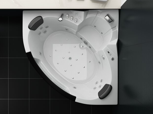 Whirlpool hoekbad detail &mdash; waterjets, airbubble en control panel massagebad wit