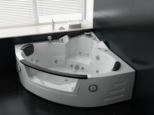 Massagebad 2 persoons hoekbad 172,5x172,5cm wit &mdash; 28 jets, airbubble, heater en LED verlichting