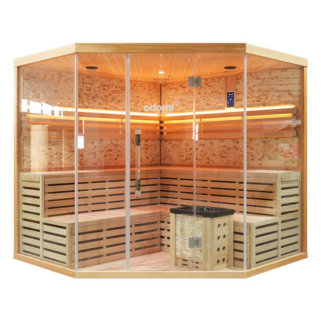 Hoeksauna 220x220 cm Nordic Stone Prisma vooraanzicht met glazen front