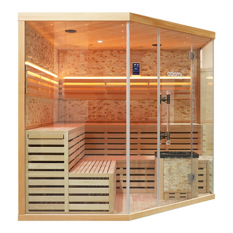 Hoeksauna 6-8 persoons zijaanzicht met touchscreen bedieningspaneel